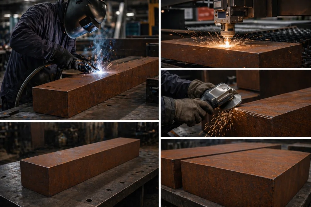 Bearbeitung eines Werkstückes aus Cortenstahl aus der Serie Monolith